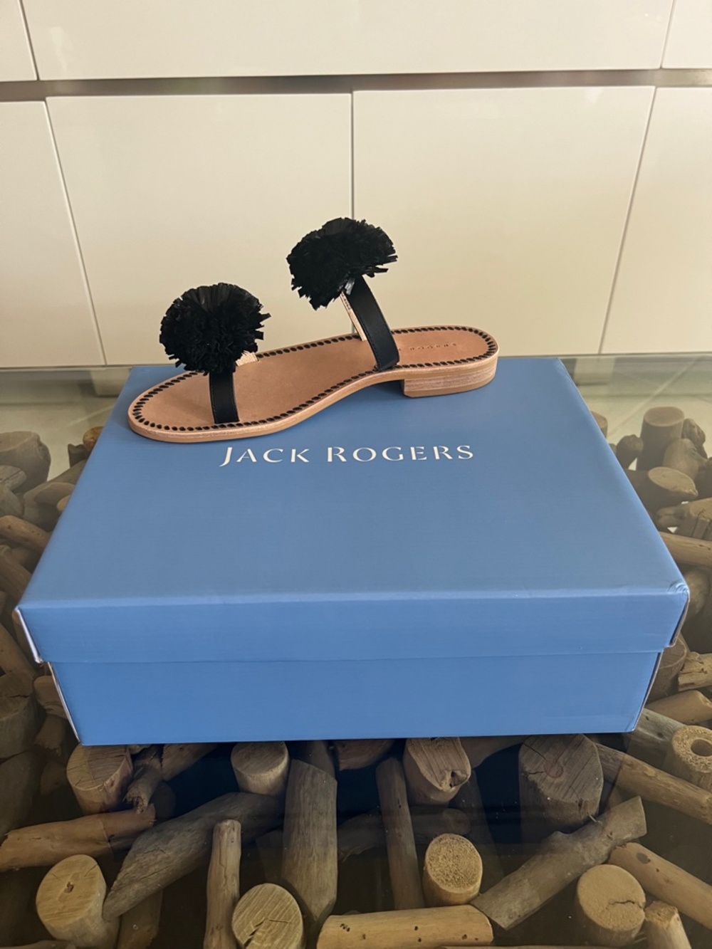 JACK ROGERS Daffodil Black Raffia & Nappa Leather Sandals